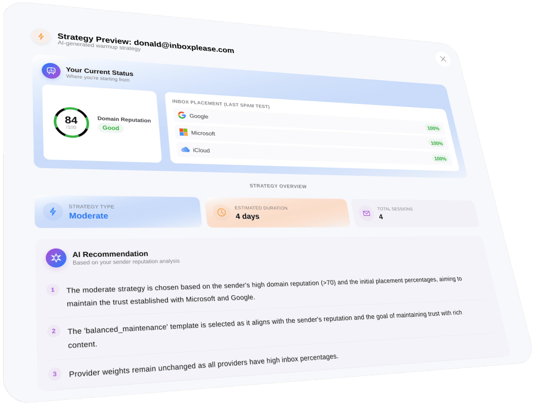 AI warmup strategy preview showing domain reputation score, moderate strategy recommendation, and AI-powered insights for email warmup
