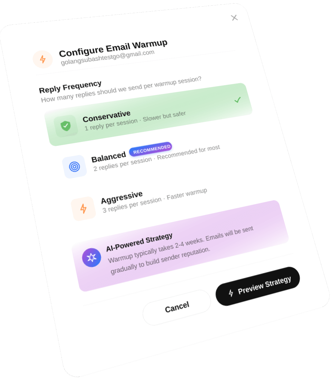 Configure Email Warmup — choose between Conservative, Balanced, or Aggressive strategies with AI-powered recommendations